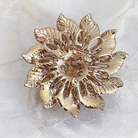 Brown & Pink Iridescent Rhinestone Large Floral Brooch 2 3/4” Statement - Picture 6 of 11